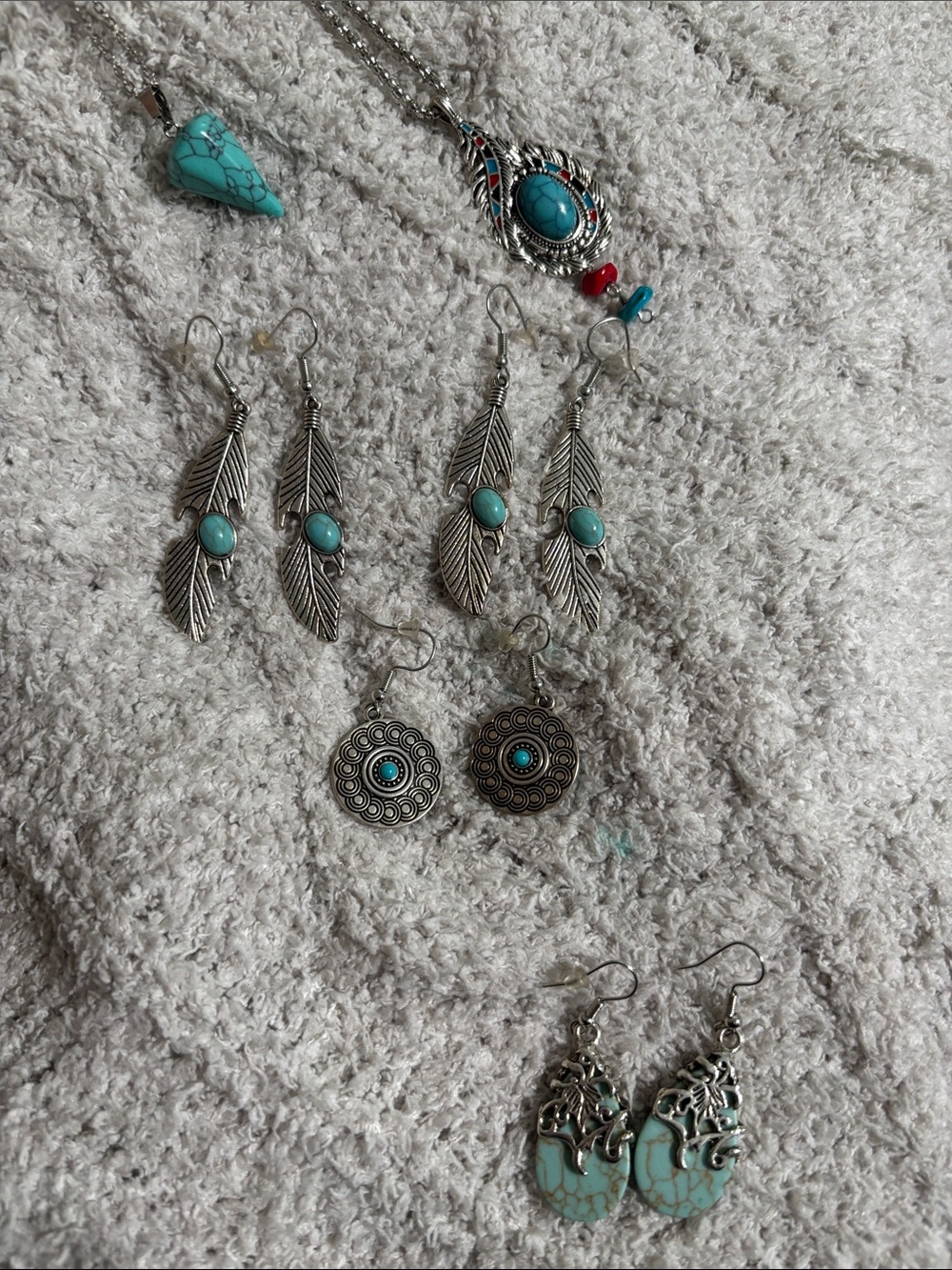Set of 4 faux Turquoise Silver-Tone Earrings and 2 faux turquoise necklaces